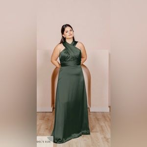Revelry Convertible Satin Dress in Deep Olive